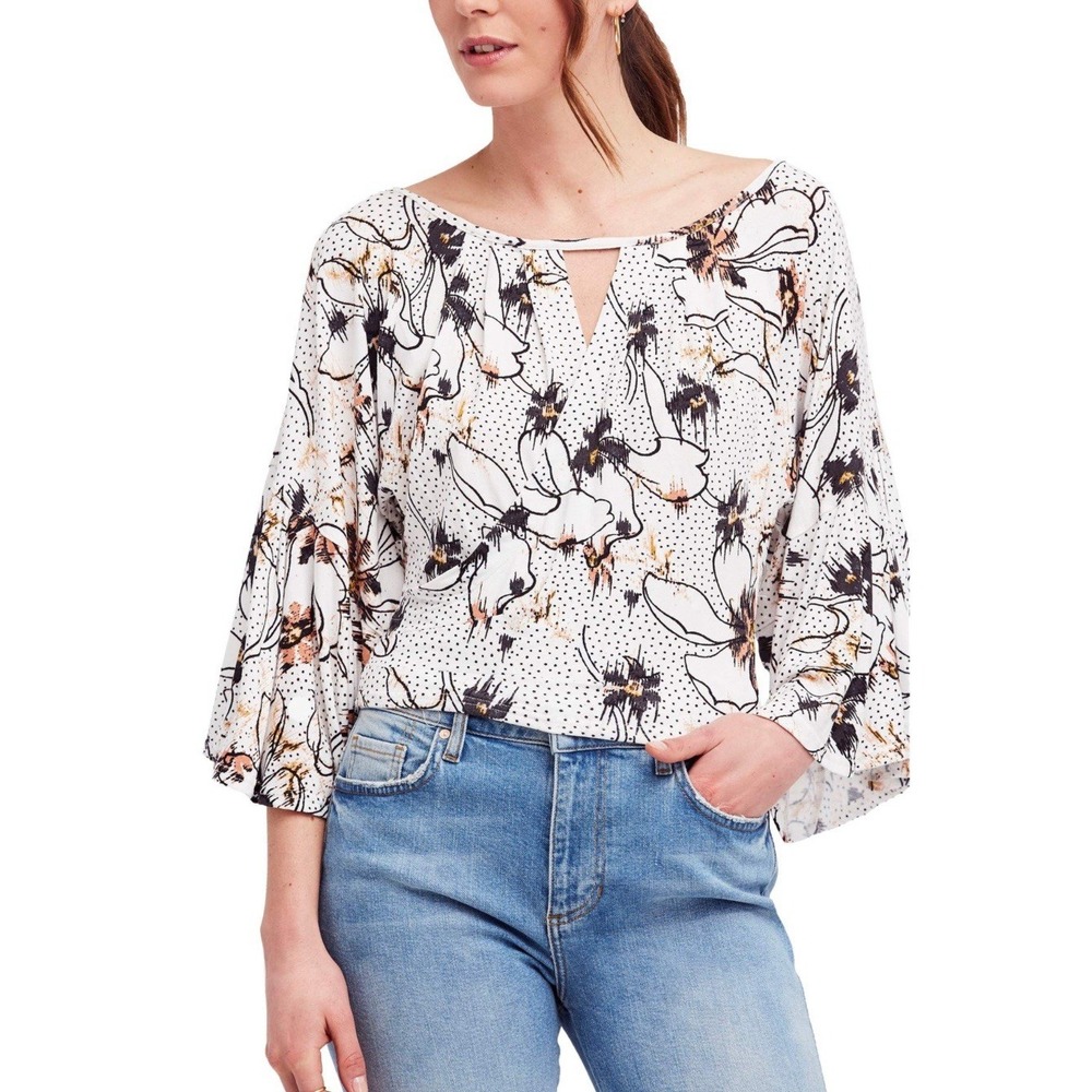 Free People Lastā Time Ivory Floral Drape Keyhole Bell Sleeve Top Large #CD12-5